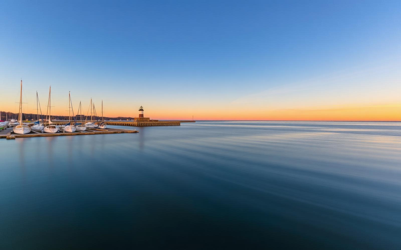 Manitowoc marina at sunrise on Lake Michigan